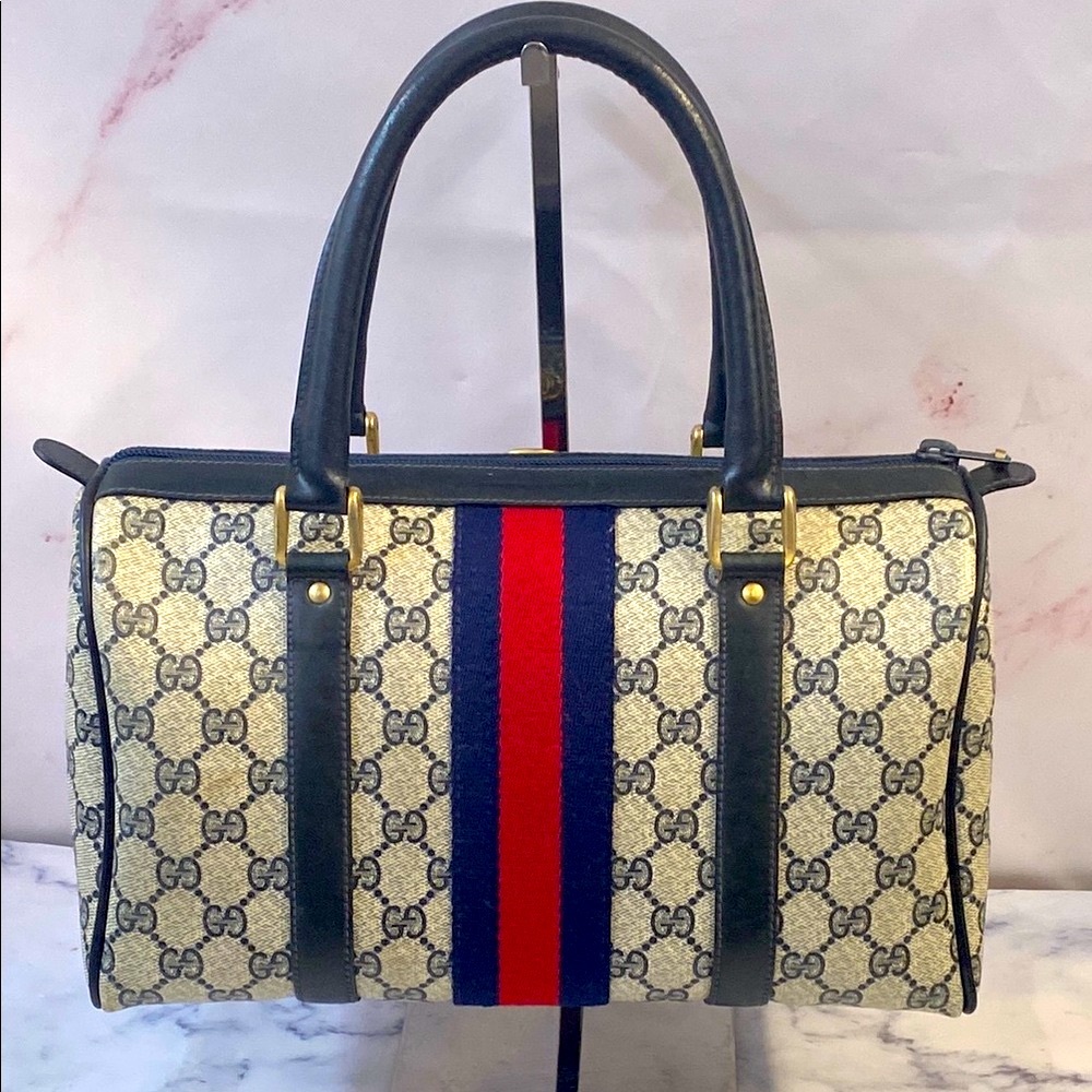 GUC Vintage (1980) Gucci GG Sherry Blue & Cream Women's Bag - Picture 2 of 13